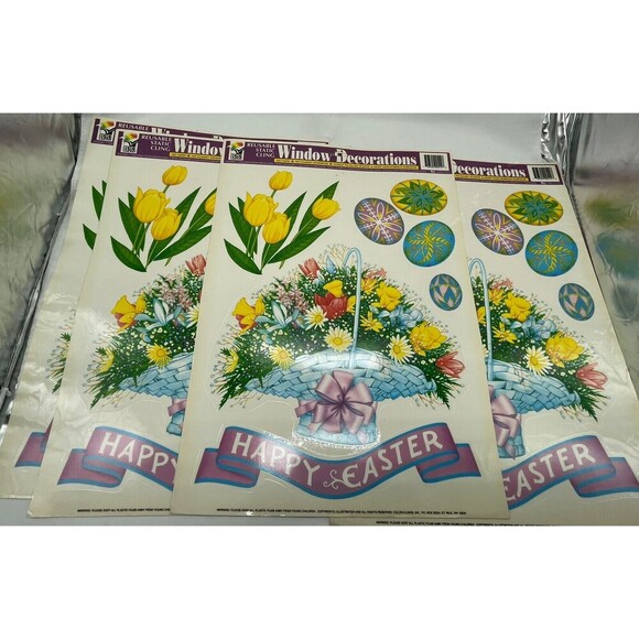 Vintage Lot of 4 Easter Egg Flower Basket Window Clings Vinyl Decoration - Picture 2 of 12